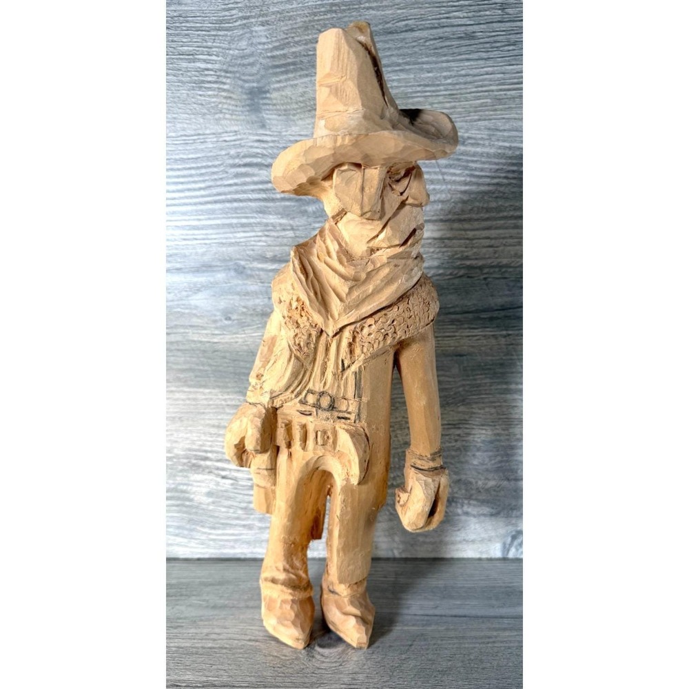 Vtg. Hand Carved Wood OOAK Cowboy W/ Hat Holster Figure Unpainted 11.5" Wooden